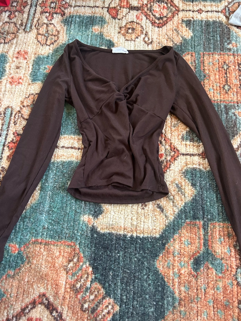 Women's Brown Long-Sleeve Twist Front Ribbed Top